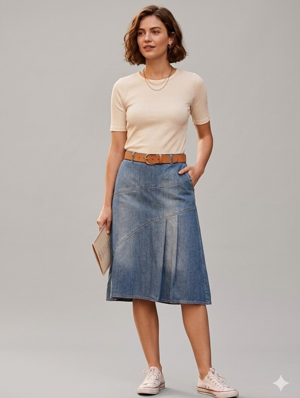 Rocha. Rocha Denim A-Line Midi Skirt Size 8 Blue Wash Patchwork Panel Jean Skirt